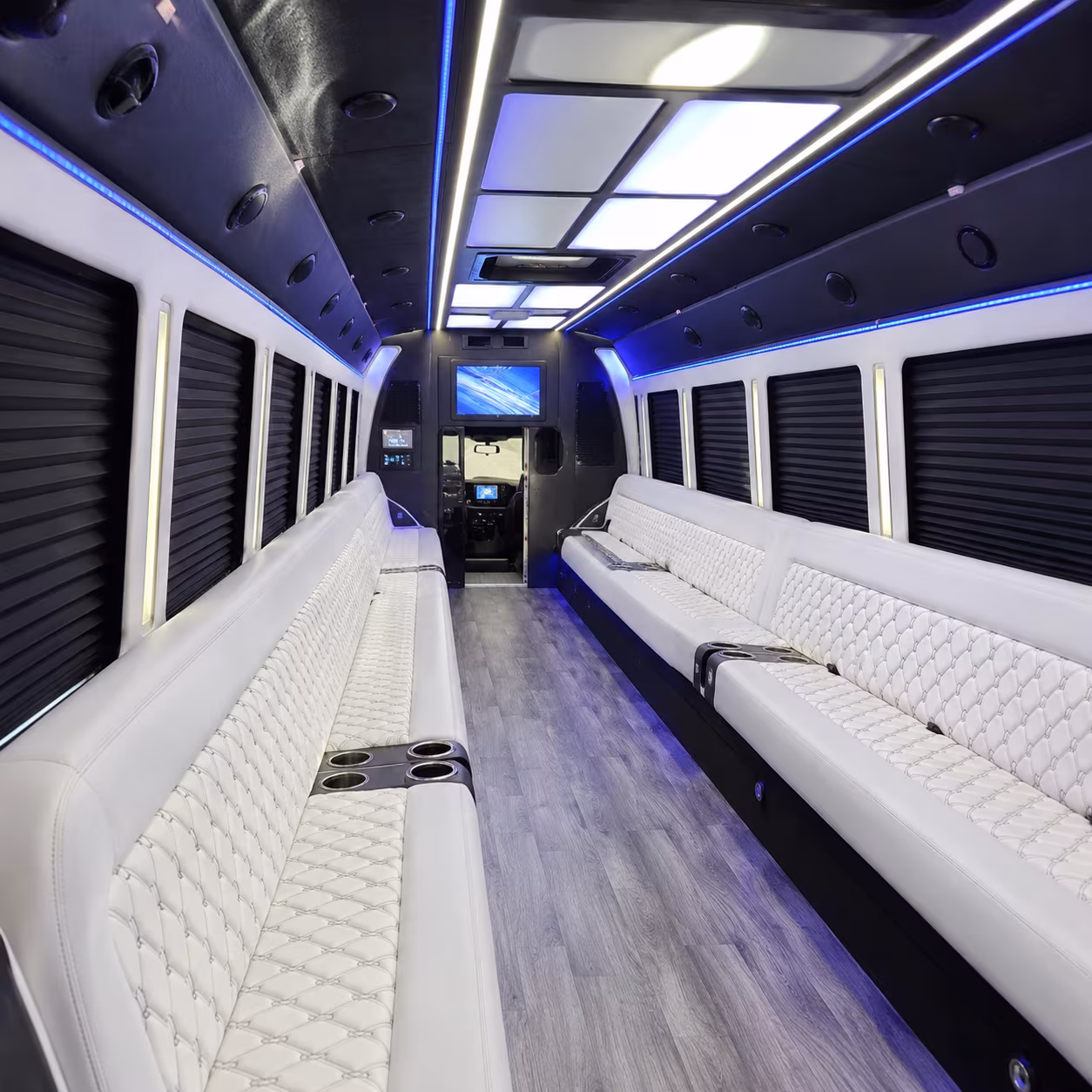 Interior of a party bus rental serving Virginia Beach